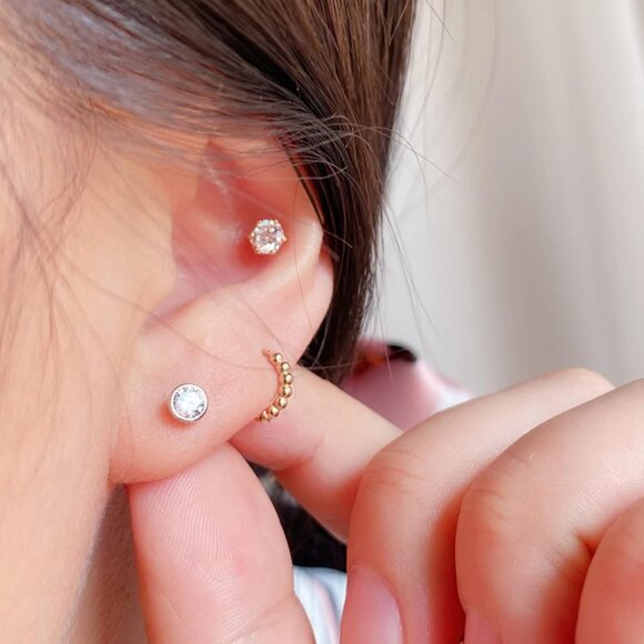 Sterling Silver Stud Earrings for Women Men- 3 Pairs of Tiny Round Cubic Zirconi - Picture 5 of 9